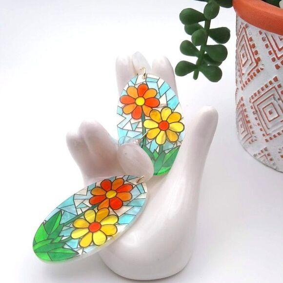 Fancy Spring Flowers Acrylic Oval Drop Earrings - Picture 4 of 4